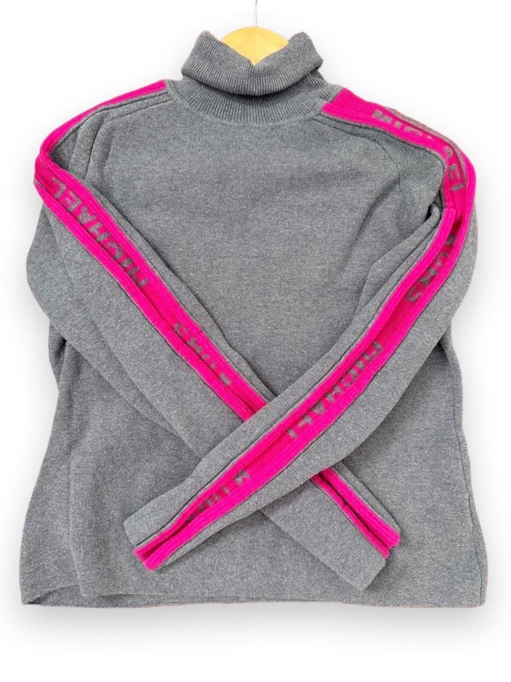 Michael Kors Gray Turtleneck Sweater with Hot Pink Sleeve Stripes